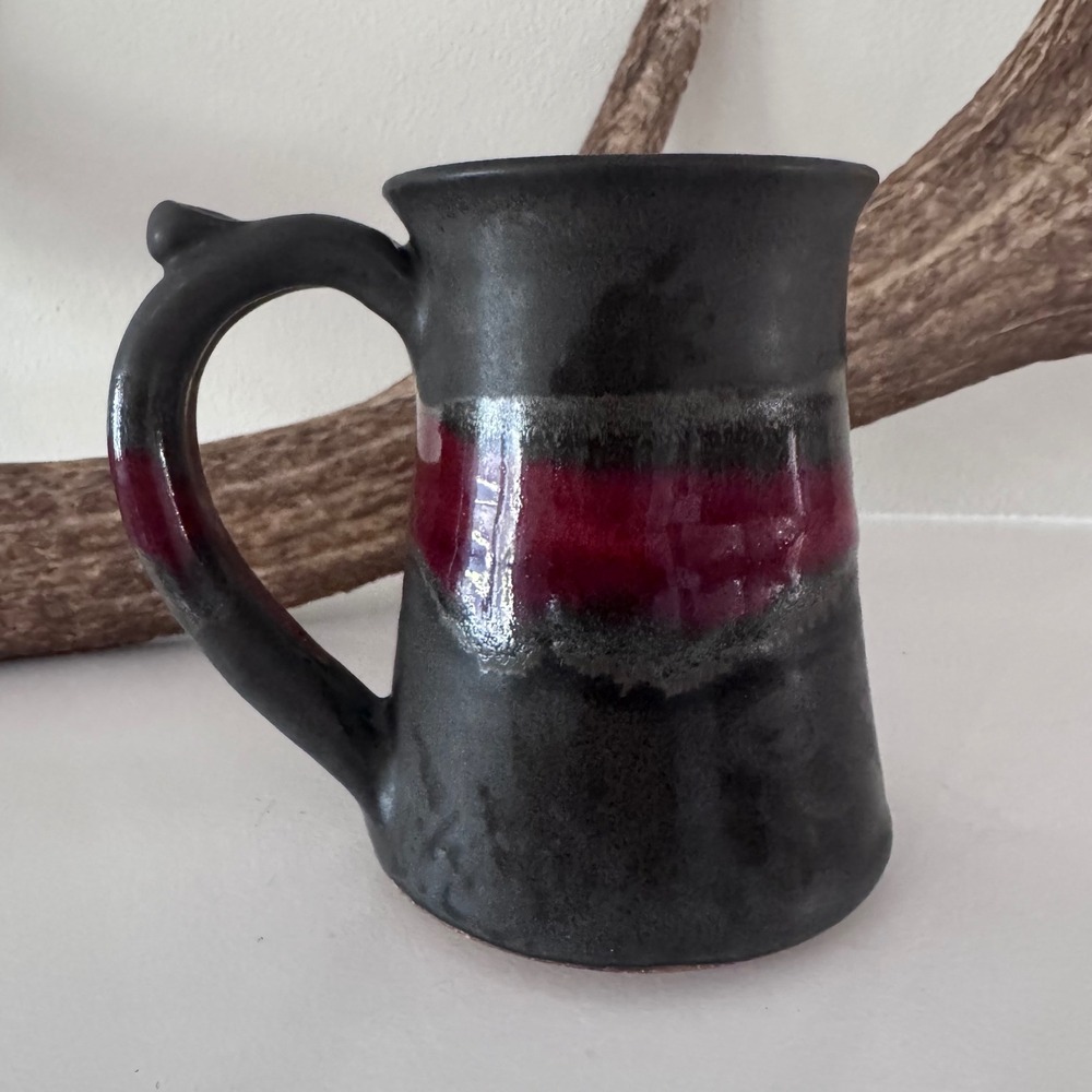 Mountain Art Studio Pottery Mug Matte Black Glossy Red Band Handcrafted Ceramic - Picture 3 of 7